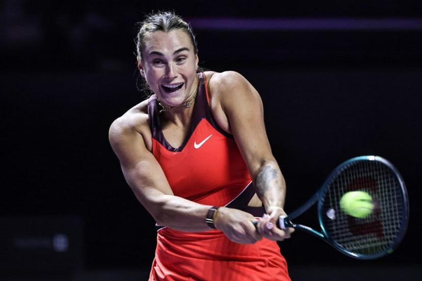 Belarus' Aryna Sabalenka hits a return against USA's Amanda Anisimova during their semi-final tennis match at the WTA Finals in Riyadh on November 7, 2025.  Fayez NURELDINE / AFP