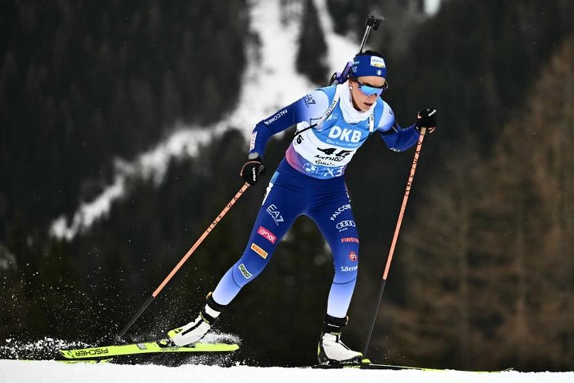 Italy's Rebecca Passler competes in the women's 7.5km sprint event of the IBU Biathlon World Cup in Antholz-Anterselva, Italy, on January 23, 2025.  Marco BERTORELLO / AFP