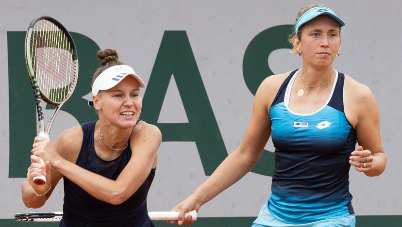 Russian Veronika Kudermetova and Belgian Elise Mertens pictured during a tennis match between Belgian-Russian pair Mertens-Kudermetova against Croatian-American pair Martic-Rogers, in the first round of the women's doubles tournament, at the Roland Garros French Open tennis tournament, in Paris, France, Wednesday 25 May 2022. This year's tournament takes place from 22 May to 5 June. BELGA PHOTO BENOIT DOPPAGNE
