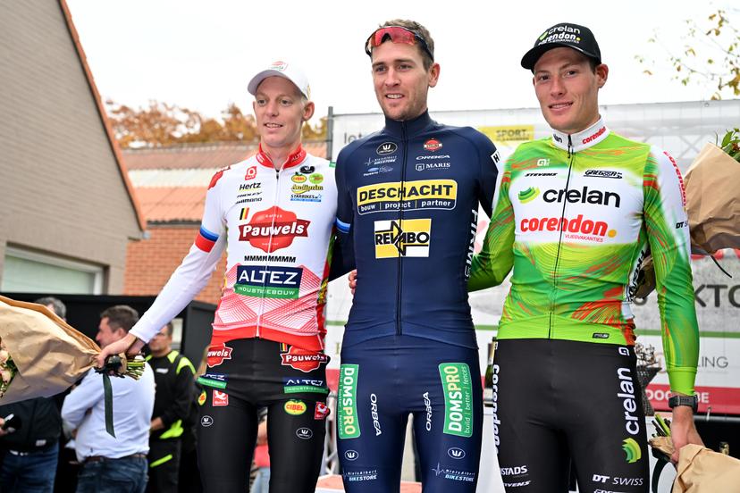 Belgian Michael Vanthourenhout, Belgian Toon Aerts, Belgian Joran Wyseure pictured on the podium after the men's elite race of the 'Kermiscross' cyclocross cycling event in Ardooie, Thursday 16 October 2025. BELGA PHOTO LUC CLAESSEN