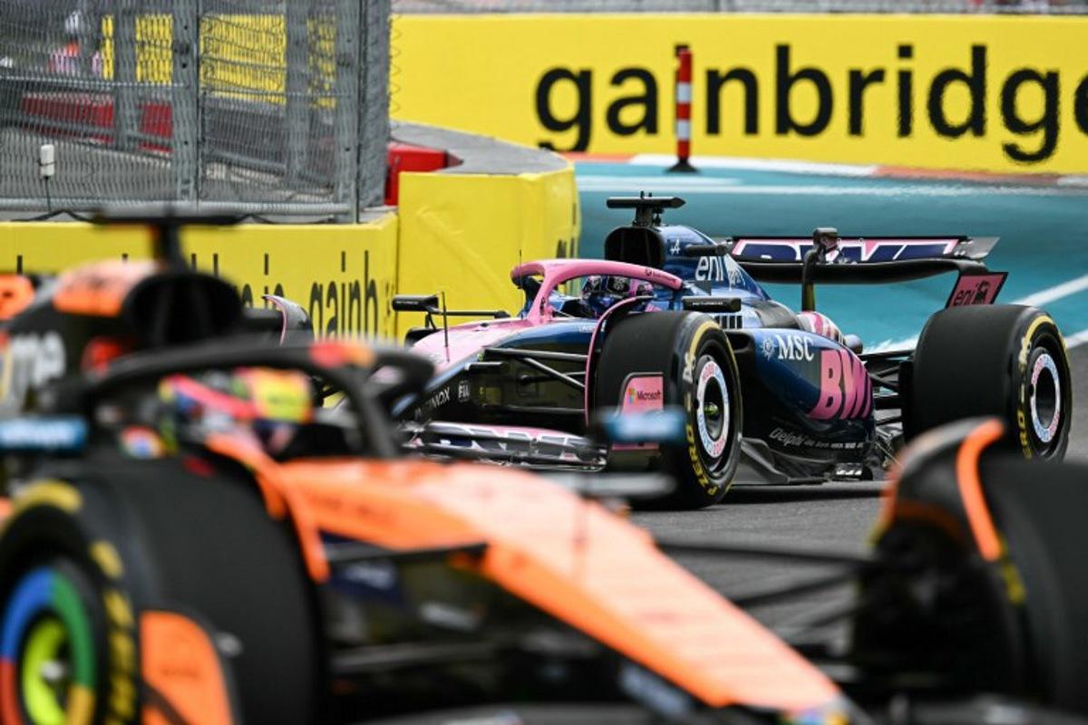 (L-R) McLaren's Australian driver Oscar Piastri and Alpine's French driver Pierre Gasly race during a practice session for the 2025 Miami Formula One Grand Prix at Miami International Autodrome in Miami Gardens, Florida, on May 2, 2025.   Chandan Khanna / AFP