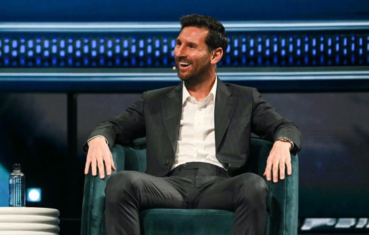 Argentine soccer player Lionel Messi speaks at the American Business Forum at the Kaseya Center in Miami on November 5, 2025.  Chandan Khanna / AFP