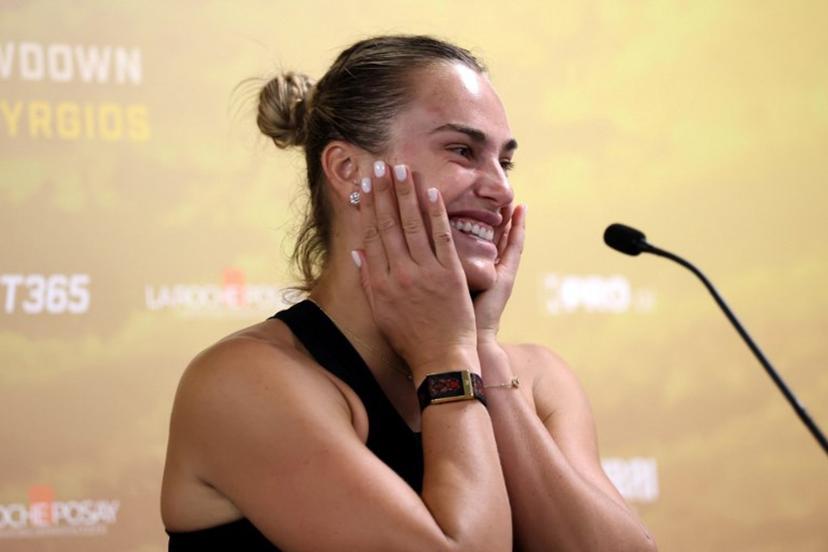 Belarus' Aryna Sabalenka speaks during a news conference after her Battle of the Sexes exhibition tennis match against Australia's Nick Kyrgios in Dubai on December 28, 2025.   Christopher Pike / POOL / AFP