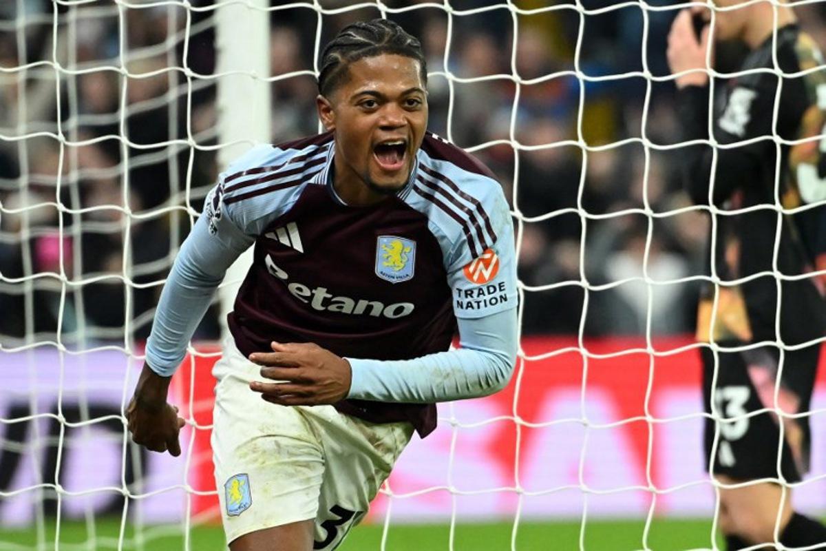 Aston Villa's Jamaican striker #31 Leon Bailey celebrates after scoring their second goal during the English Premier League football match between Aston Villa and Leicester City at Villa Park in Birmingham, central England on January 4, 2025.  JUSTIN TALLIS / AFP