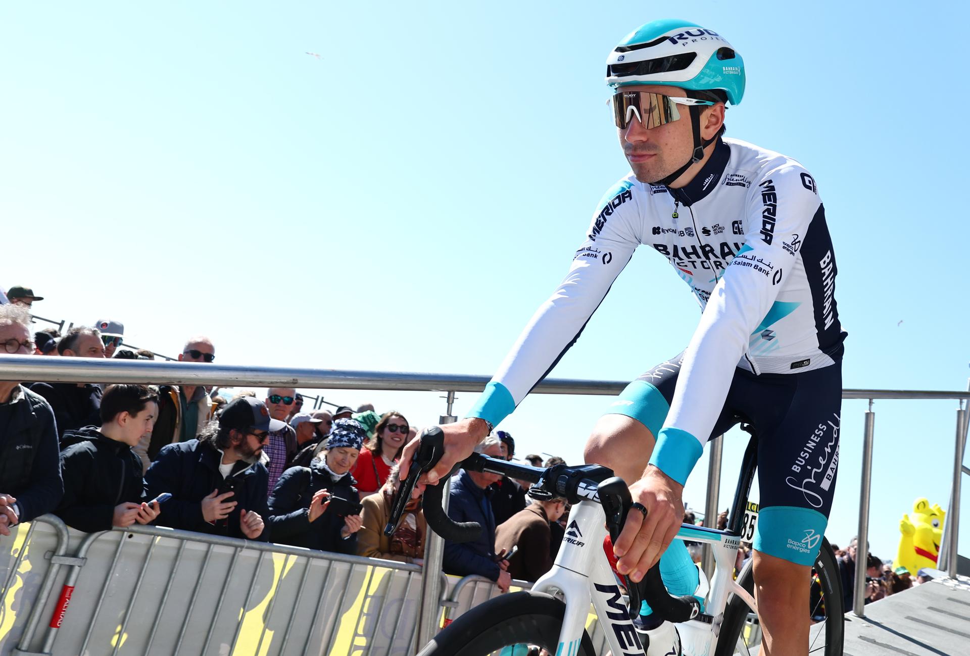 French Lenny Martinez of Bahrain Victorious pictured at the start of stage eight of the 83th edition of the Paris-Nice cycling race, 119,9 km from Nice to Nice, France, Sunday 16 March 2025. BELGA PHOTO DAVID PINTENS