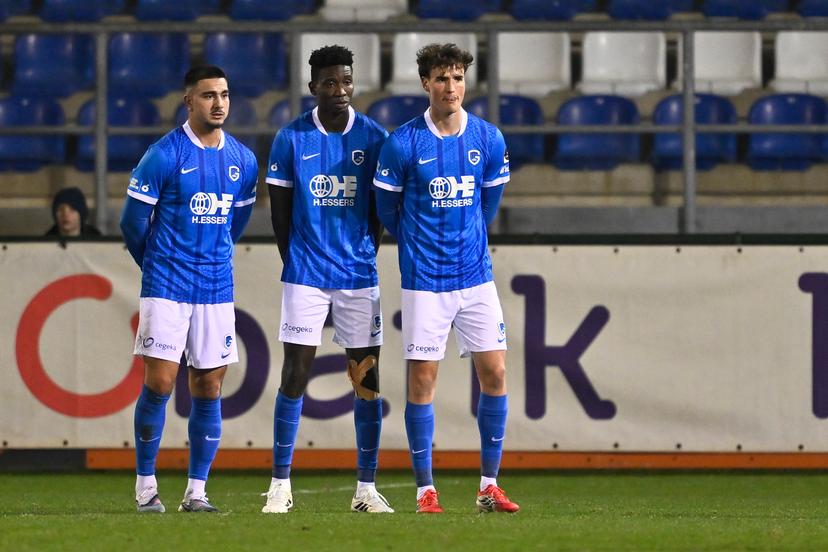 Jong Genk's Jusef Erabi, Jong Genk's Ibrahima Bangoura and Jong Genk's Nikolas Sattlberg pictured during a soccer game between Jong Genk and RFC Liege, Saturday 14 February 2026 in Geel, on day 25 (out of 30) of the 2025-2026 'Challenger Pro League' 1B second division of the Belgian championship. BELGA PHOTO JOHAN EYCKENS