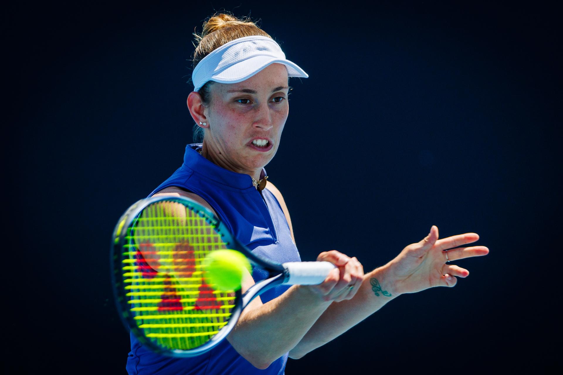Belgian Elise Mertens pictured during a doubles tennis match between Belgian-Australian pair Mertens-Perez and Australian-Ukrainian pair Aiava-Kostyuk, in the second round of the women's doubles at the 'Australian Open' Grand Slam tennis tournament, Saturday 18 January 2025 in Melbourne Park, Melbourne, Australia. The 2025 edition of the Australian Grand Slam takes place from January 12th to January 26th. BELGA PHOTO PATRICK HAMILTON BENELUX ONLY