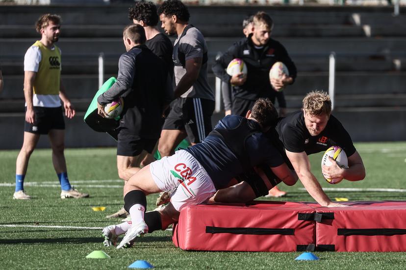Belgium's players pictured during a training session of the Black Devils, the Belgian national rugby team, at the Nelson Mandela Stadium in Neder-Over-Heembeek, Brussels, Sunday 02 November 2025. The team is preparing for the qualification games for the World Cup. BELGA PHOTO BRUNO FAHY