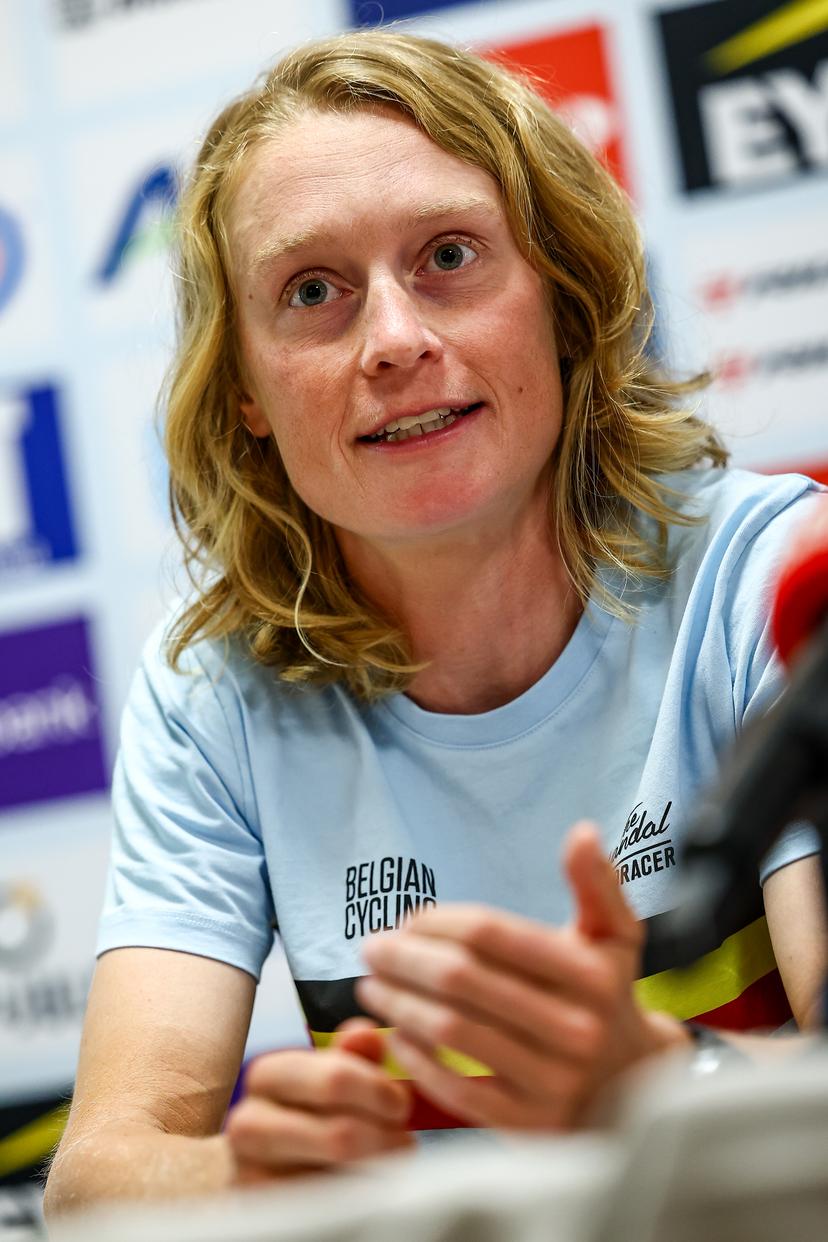 Belgian Julie De Wilde of Fenix-Deceuninck pictured during a press conference ahead of the start of the UEC road European cycling championships, Tuesday 30 September 2025, in Loriol-sur-Drome, France. The European cycling championships take place from 1 to 5 October in Drome and Ardeche, France. BELGA PHOTO DAVID PINTENS
