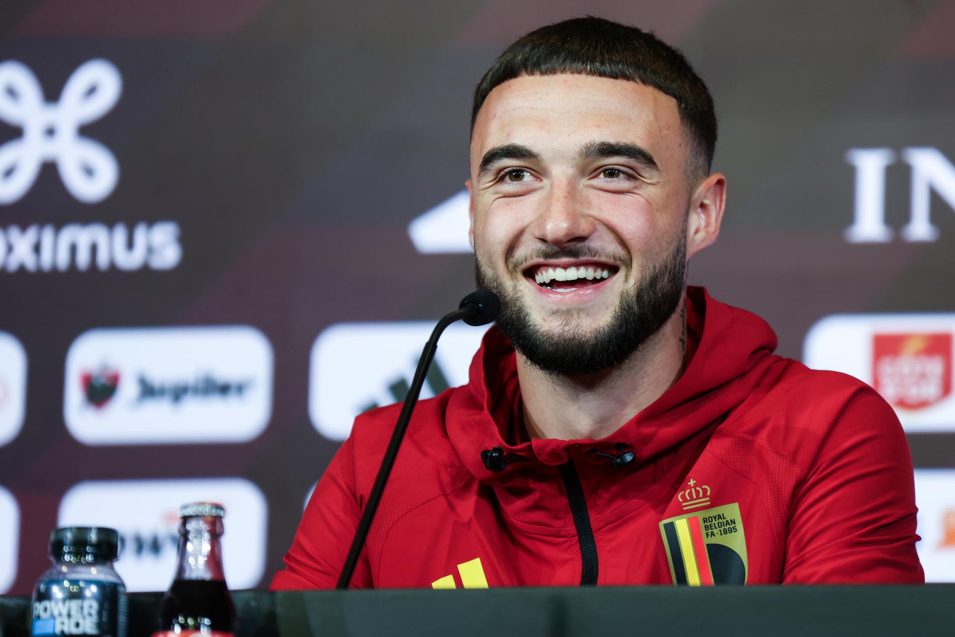 Belgium's Zeno Debast pictured during a press conference of the Red Devils, the Belgian national soccer team, in Tubize on Tuesday 24 March 2026. The team is preparing for its friendly games against the United States and Mexico. These games are preparation games of the 2026 World Cup. BELGA PHOTO BRUNO FAHY