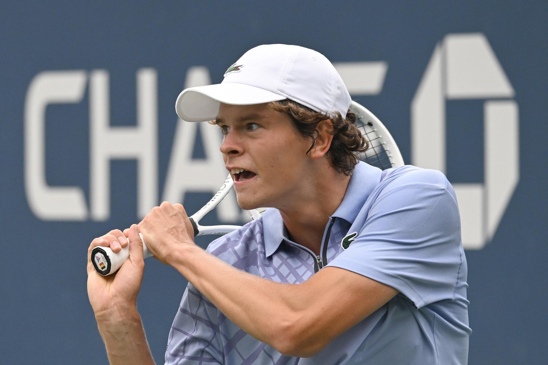 Belgian Alexander Blockx pictured during a tennis match between Belgian Blockx and Belgian Coppejans, in the second round of the qualifications for the men's signles of the 2025 US Open Grand Slam tennis tournament in New York City, USA, Thursday 21 August 2025. BELGA PHOTO TONY BEHAR