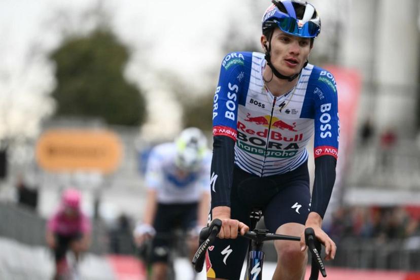 Italian Giulio Pellizzari (Red Bull - BORA - hansgrohe) crosses the finish line of the Milano-Torino 2026 cycling race, in Superga near Turin, on March 18, 2026. British Tom Pidcock (Pinarello-Q36.5 Pro Cycling Team) won the race ahead of Tobias Halland Johannessen (Uno X Mobility) and Primoz Roglic (Red Bull Bora hansgrohe). Marco BERTORELLO / AFP