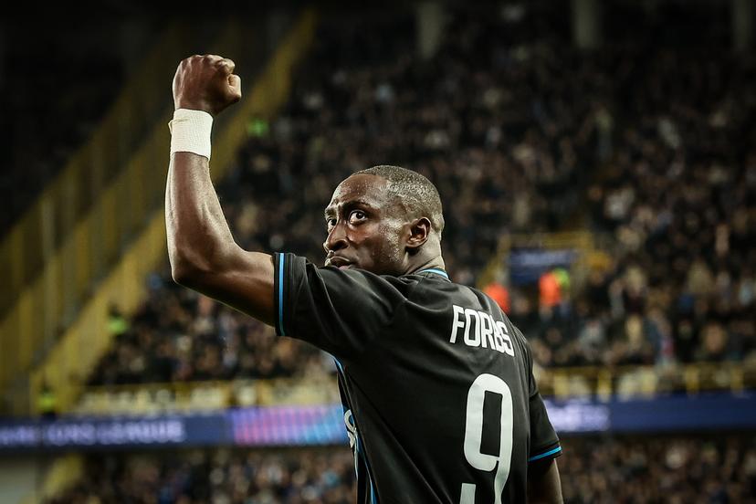 Club's Carlos Forbs celebrates after scoring during a game between Belgian Club Brugge KV and Spanish FC Barcelona, on Wednesday 05 November 2025 in Brugge, on day four of the League phase of the UEFA Champions League tournament. BELGA PHOTO BRUNO FAHY