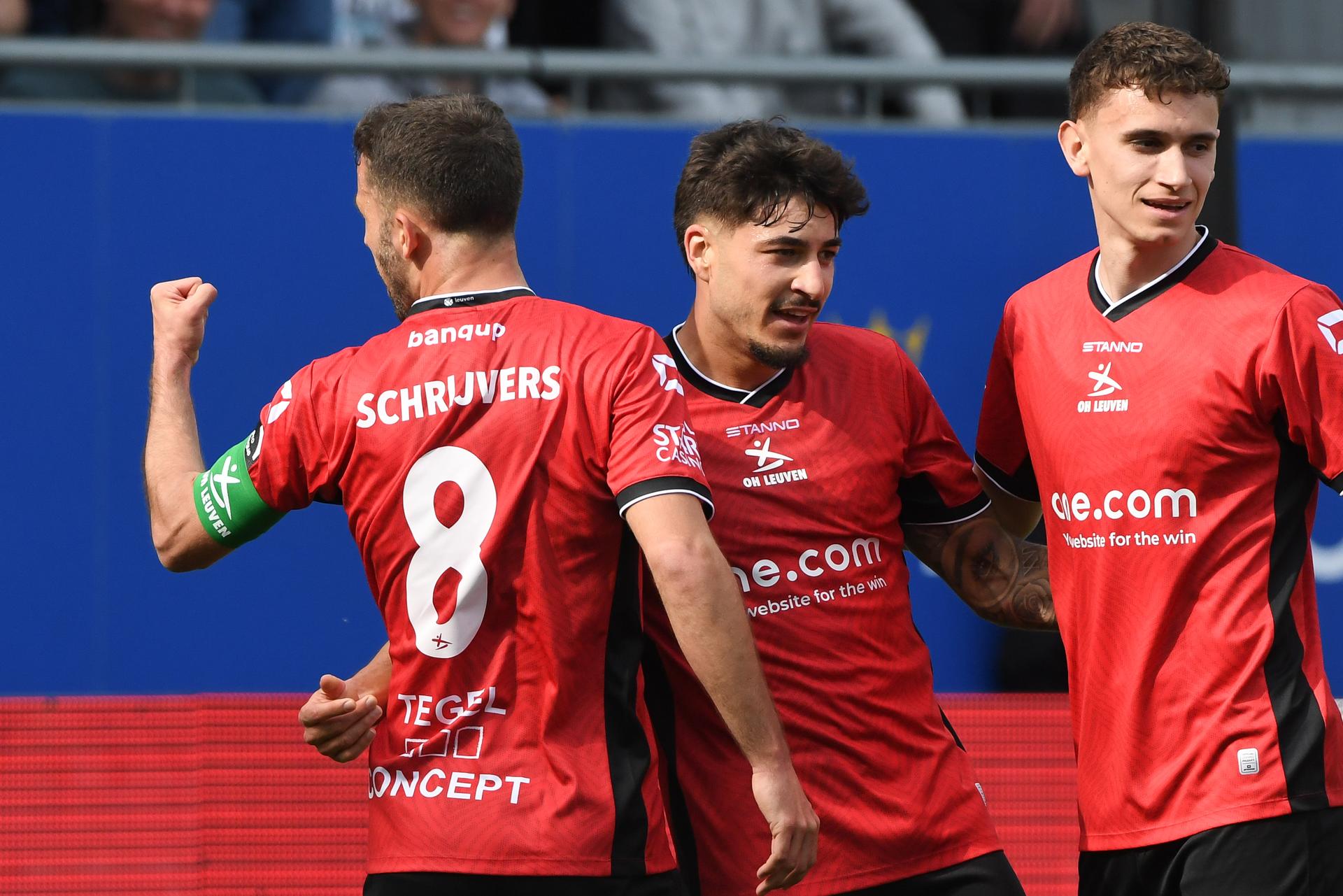 OHL's Siebe Schrijvers celebrates after scoring during a soccer match between Oud-Heverlee Leuven and FCV Dender EH, Saturday 19 April 2025 in Leuven, on day 4 (out of 10) of the Europe Play-offs of the 2024-2025 'Jupiler Pro League' first division of the Belgian championship. BELGA PHOTO JILL DELSAUX