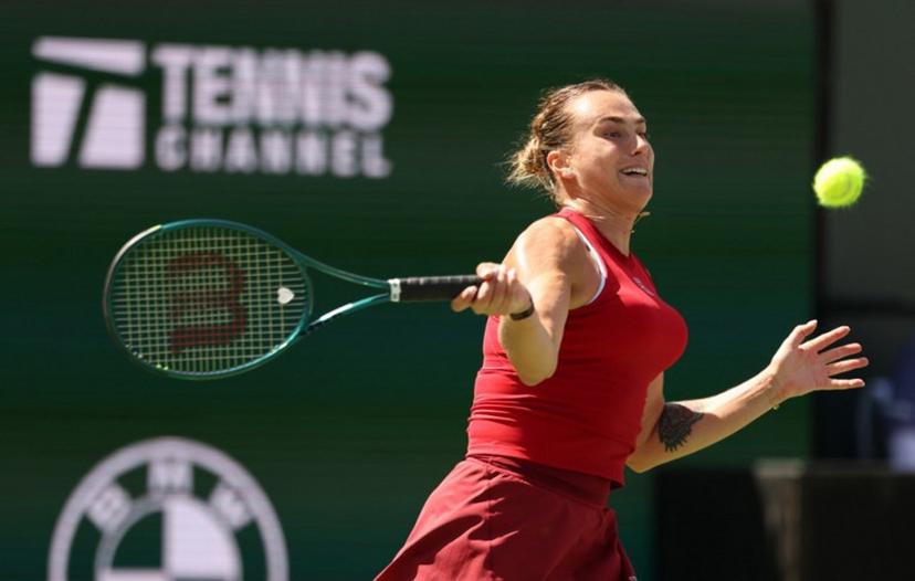 Belarus' Aryna Sabalenka returns the ball to Russia's Mirra Andreeva during the women's singles final tennis match at the BNP Paribas Open at the Indian Wells Tennis Garden in Indian Wells, California, on March 16, 2025.  Patrick T. Fallon / AFP