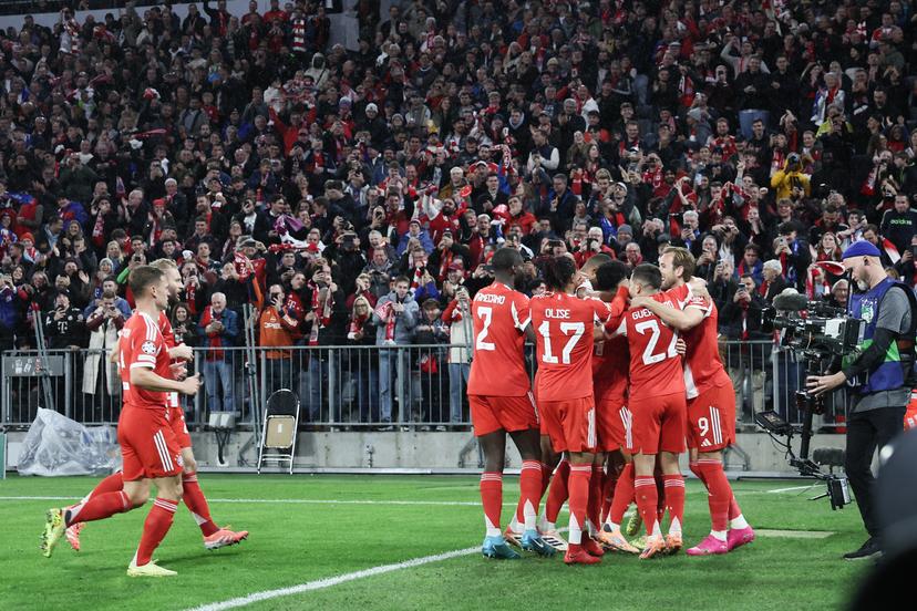 Bayern's Lennart Karl celebrates after scoring during a game between German club FC Bayern Munchen and Belgian soccer team Club Brugge, on Wednesday 22 October 2025 in Munich, Germany, on day three of the League phase of the UEFA Champions League tournament. BELGA PHOTO BRUNO FAHY