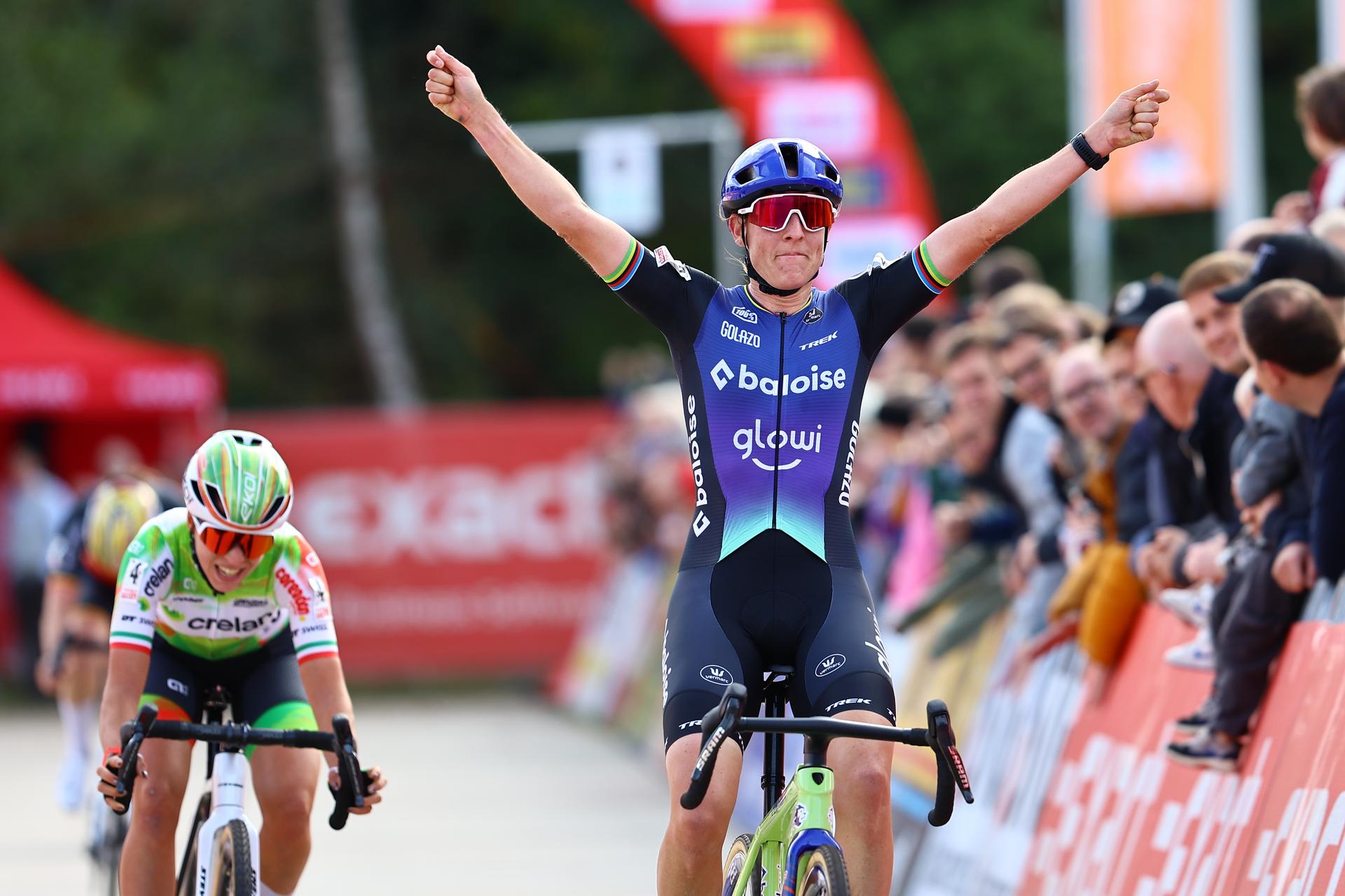 Dutch Lucinda Brand celebrates as she crosses the finish line at the women's elite race of the Exact Cross Essen, stage 2 (out of 7) in the Exact Cross cyclocross competition, Saturday 18 October 2025, in Essen. BELGA PHOTO DAVID PINTENS