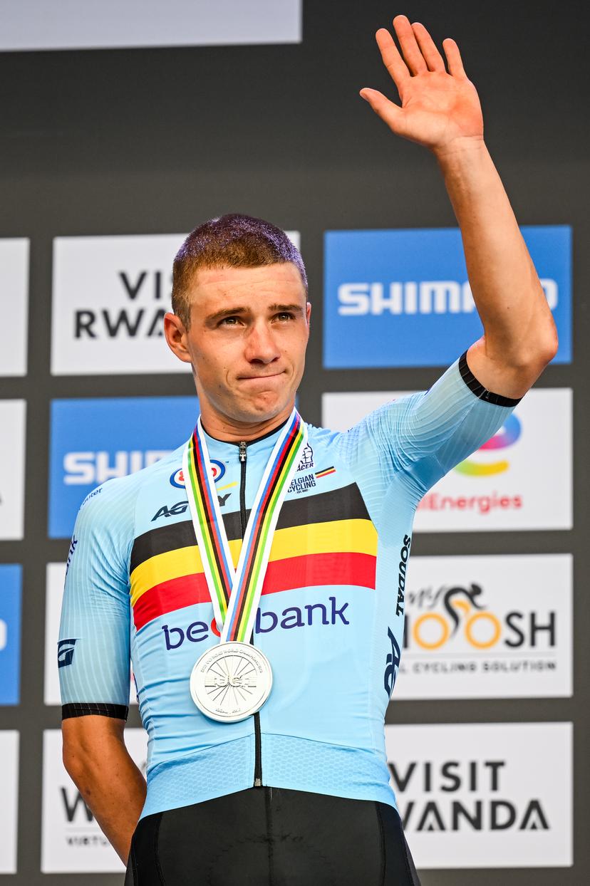 Belgian Remco Evenepoel pictured on the podium after the elite men road race (267,5 km) at the cycling road World Championships in Kigali, Rwanda, Sunday 28 September 2025. The 2025 UCI Road World Championships take place from 21 to 28 September in Kigali, Rwanda. BELGA PHOTO DIRK WAEM