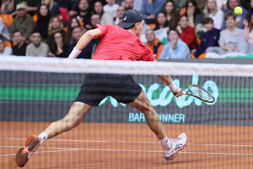 Belgian Raphael Collignon pictured in action during a tennis match against Bulgarian Vasilev, during the qualifier of the Davis Cup on Saturday 07 February 2026, in Plovdiv, Bulgaria. Belgium will compete this weekend in the Davis Cup qualifiers against Bulgaria. BELGA PHOTO BENOIT DOPPAGNE