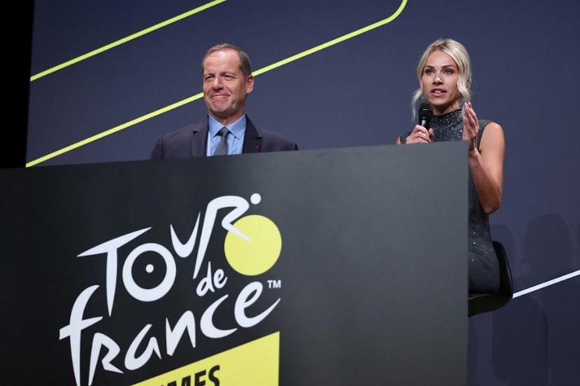 Director of the women's Tour de France cycling race Marion Rousse (R) speaks next to Tour de France General Director Christian Prudhomme during the presentation of the official routes of the 2026 edition of the men's and women's Tour de France cycling race in Paris on October 23, 2025.  Anne-Christine POUJOULAT / AFP