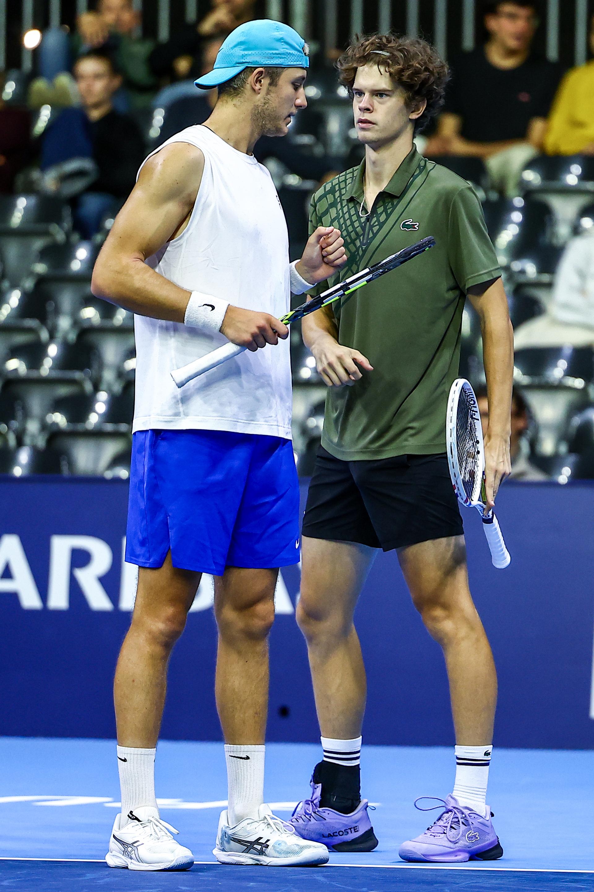 Belgian Alexander Blockx and Belgian Tibo Colson pictured during the European Open ATP tennis tournament in Brussels, on Monday 13 October 2025. This year's edition of the tournament is taking place from 12 to 19 October 2025. BELGA PHOTO DAVID PINTENS
