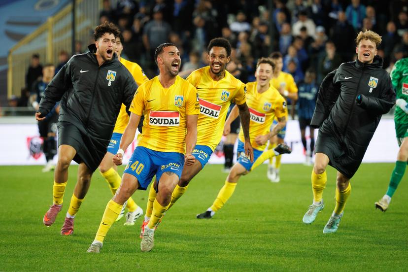 Westerlo's Emin Bayram celebrates after scoring during a soccer match between Club Brugge and KVC Westerlo, Wednesday 24 September 2025 in Brugge, a catch-up game of day 5 of the 2025-2026 'Jupiler Pro League' first division of the Belgian championship. BELGA PHOTO KURT DESPLENTER