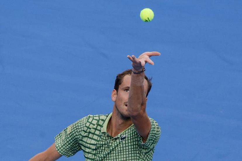 Russia's Daniil Medvedev serves the ball against Greece's Stefanos Tsitsipas during their men's singles match at the Qatar Open tennis tournament in Doha on February 18, 2026.  Karim JAAFAR / AFP