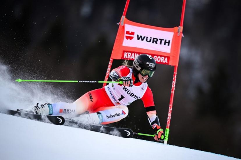 Switzerland's Camille Rast competes in the first run of the Women's Giant Slalom, part of the FIS Alpine Ski World Cup 2025-2026, in Kranjska Gora, Slovenia, on January 3, 2026.  Jure Makovec / AFP