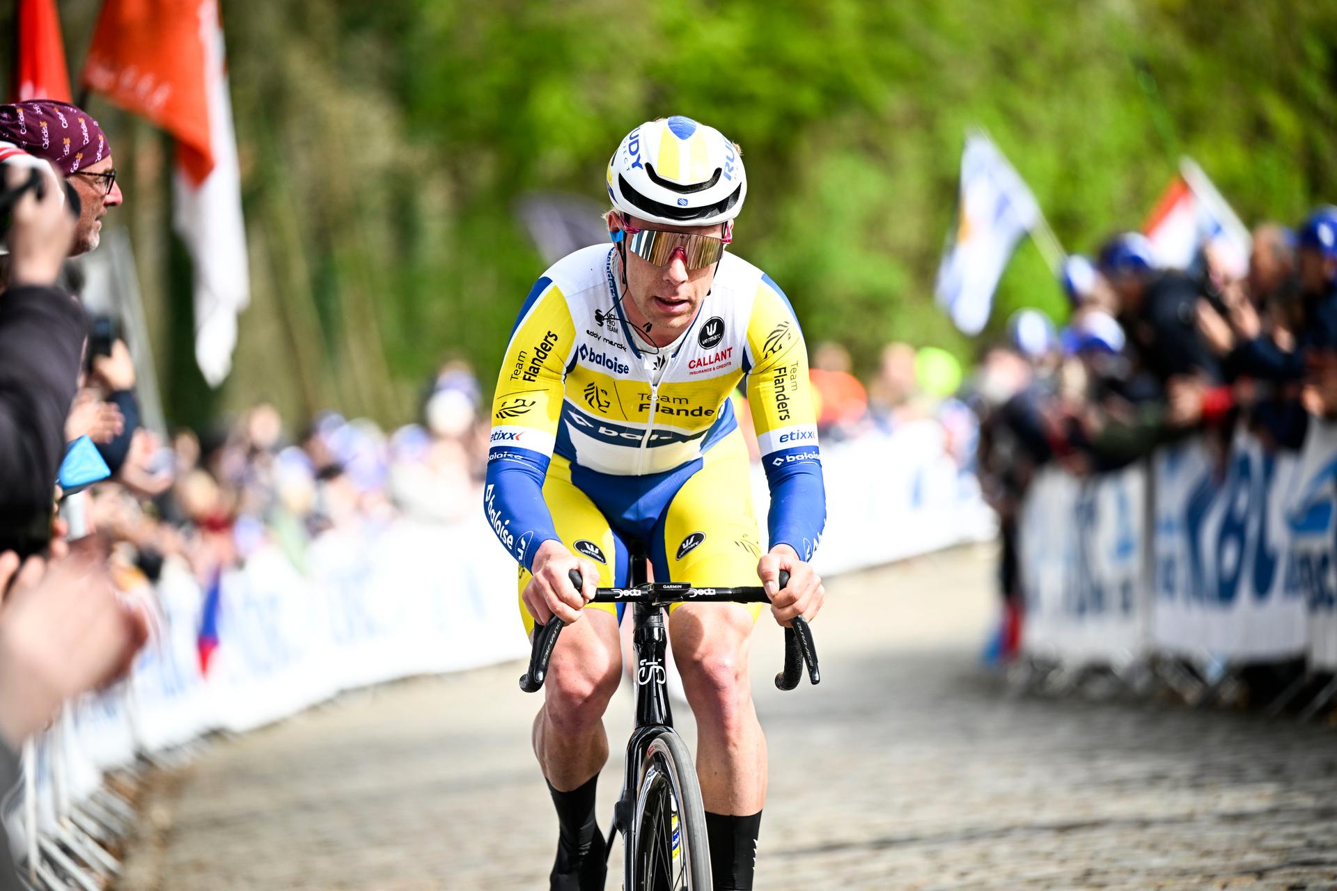 Belgian Jules Hesters of Team Flanders-Baloise pictured in action on Kemmelberg during the men elite 'Middelkerke-Wevelgem - In Flanders Fields' one day cycling race, 240.8 km from Middelkerke to Wevelgem, on Sunday 29 March 2026. BELGA PHOTO JASPER JACOBS