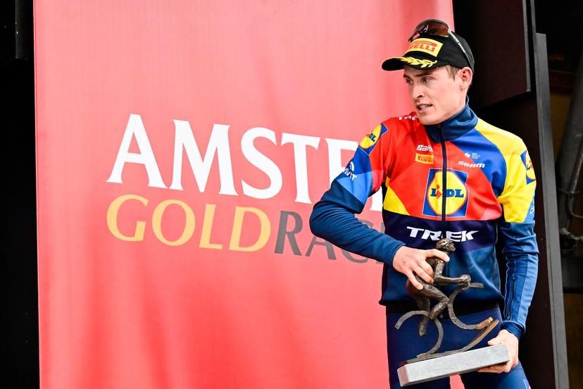 Danish Mattias Skjelmose Jensen of Lidl-Trek celebrates on the podium after winning the men elite 'Amstel Gold Race' one day cycling race, 255,9 km from Maastricht to Valkenburg, The Netherlands, Sunday 20 April 2025. BELGA PHOTO DIRK WAEM