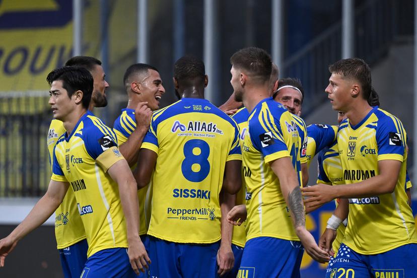 STVV's players celebrate after scoring during a soccer match between STVV and KAA Gent, Sunday 27 July 2025 in Sint-Truiden, on day 1 of the 2025-2026 'Jupiler Pro League' first division of the Belgian championship. BELGA PHOTO JOHAN EYCKENS