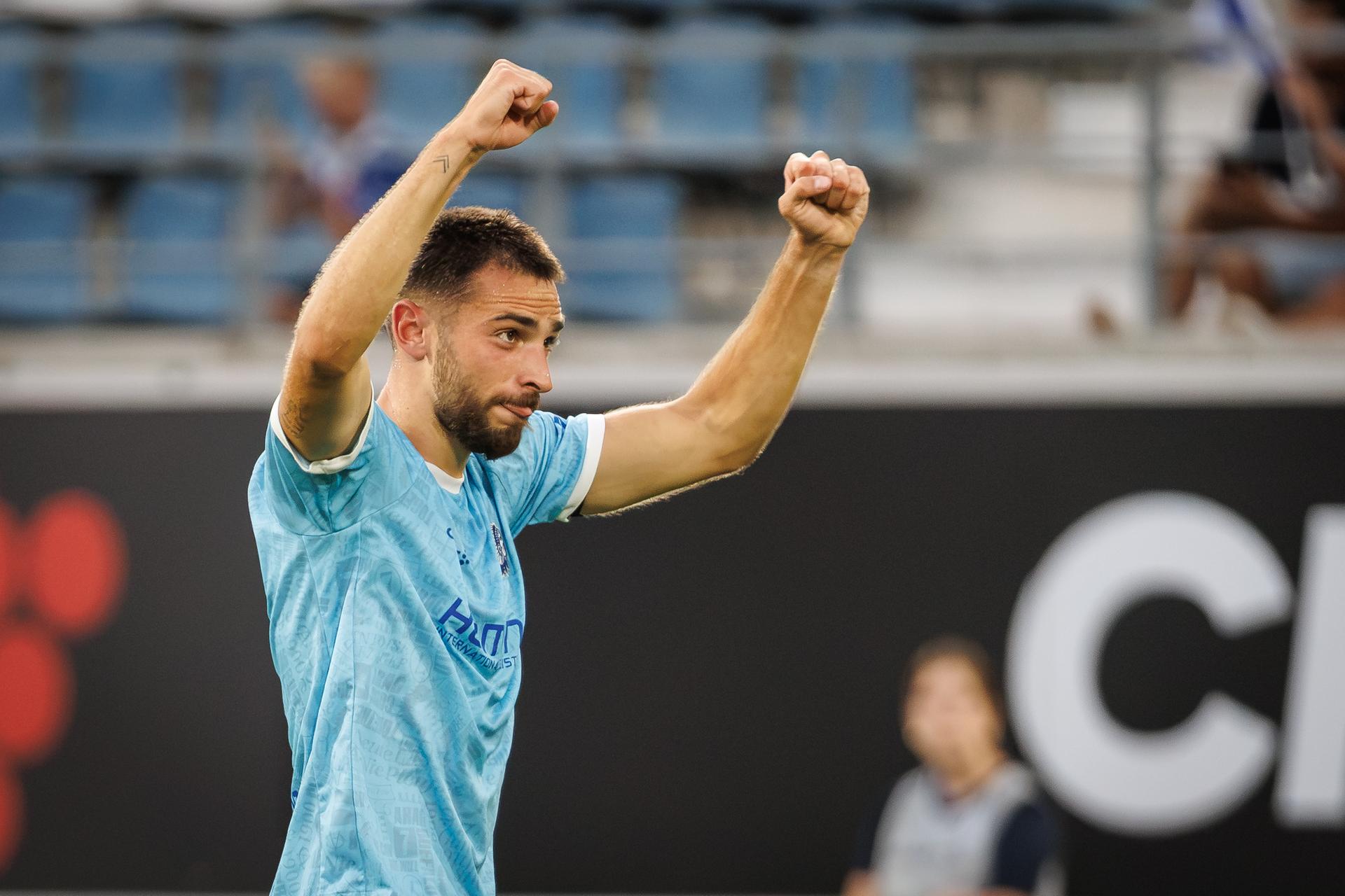 Gent's Matties Volckaert celebrates after scoring during a game between Belgian KAA Gent and Swedish IFK Goteborg , in Gent, Belgium, on Thursday 13 August 2026, a return leg game in the third qualifying round of the UEFA Conference League competition.  Gent won 0-1 the first leg. BELGA PHOTO KURT DESPLENTER