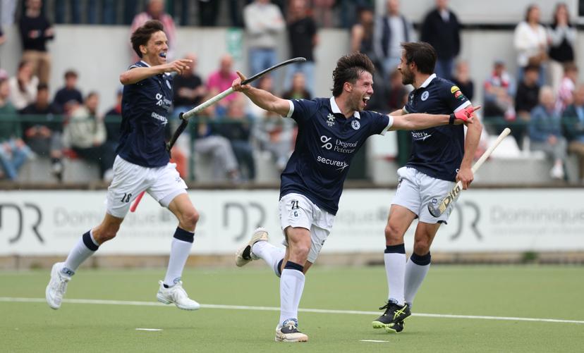 Gantoise's Etienne Tynevez celebrates after scoring during a hockey game between Royal Leopold Club and Gantoise, Sunday 05 May 2024, in Brussels, a return game in the Play-offs semi finals of the Belgian first division hockey championship. BELGA PHOTO VIRGINIE LEFOUR