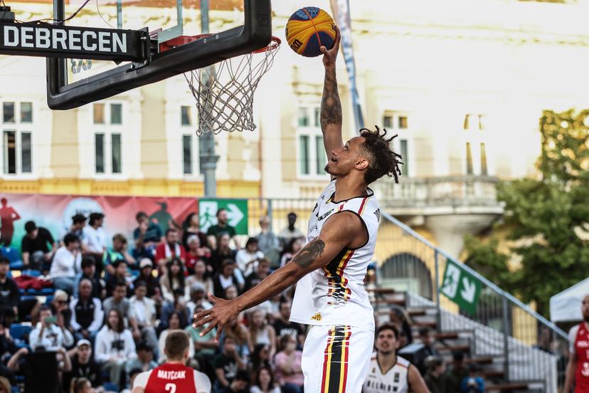 Belgian Dennis Donkor dunks during a third game in the group stage between Belgium and Poland in the group D at the Olympic qualification tournament for the 2024 Olympics, in Debrecen, Hungary, Saturday 18 May 2024. BELGA PHOTO NIKOLA KRSTIC