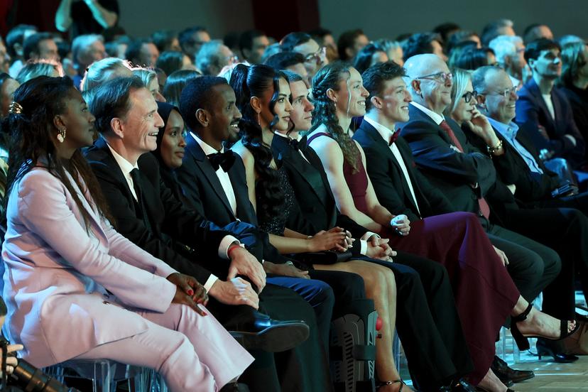 Bashir Abdi, Oumi Rayane, Remco Evenepoel and Noor Vidts pictured during the 'Sportgala' award show, to announce the sport women and men of the year 2024, Sunday 12 January 2025 in Zaventem. BELGA PHOTO BRUNO FAHY