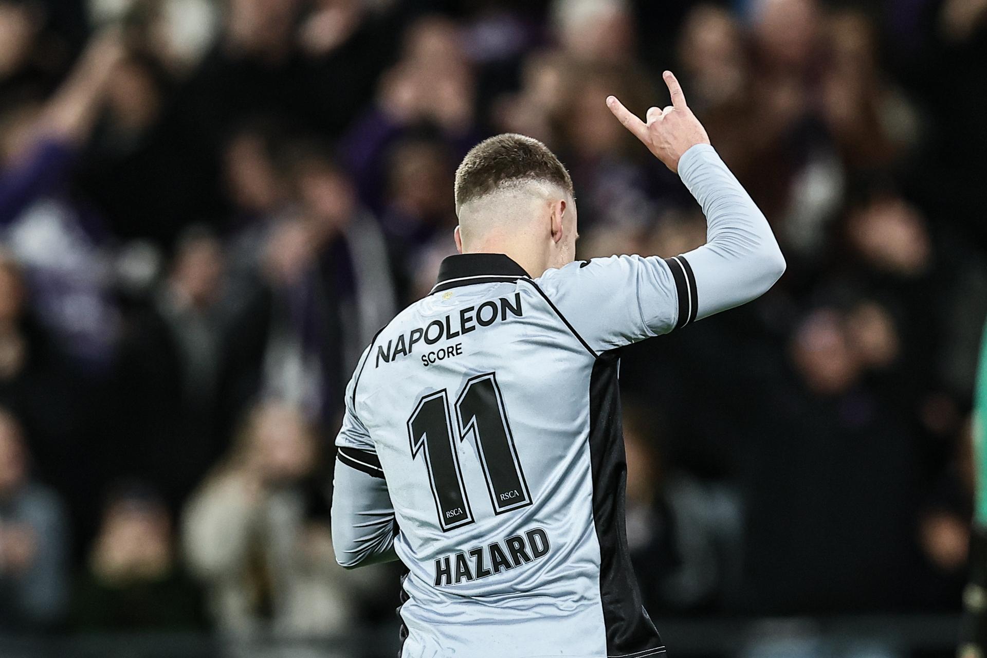 Anderlecht's Thorgan Hazard celebrates after scoring during a soccer game between RSC Anderlecht and KAA Gent, in the 1/4 final of the Croky Cup Belgian cup, Thursday 15 January 2026 in Brussels. BELGA PHOTO BRUNO FAHY