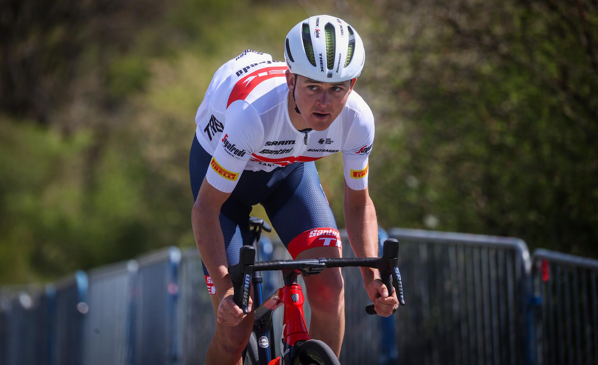 Dutch Antwan Tolhoek of Trek-Segafredo pictured in action during a training and track reconnaissance session, ahead of the Liege-Bastogne-Liege one day cycling race, on the 'Cote de la Redoute', in Remouchamps, Aywaille, Thursday 21 April 2022. BELGA PHOTO VIRGINIE LEFOUR
