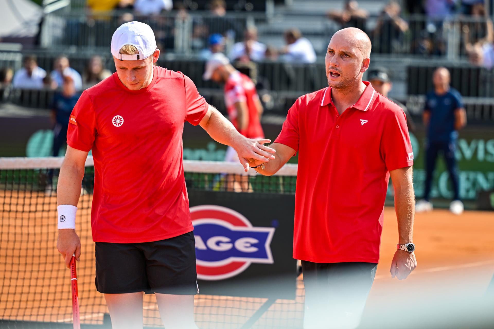 Belgian Gauthier Onclin and Belgian captain Steve Darcis are pictured during a tennis match between Austrian Rodionov and Belgian Onclin, the first rubber in the tie between Austria and Belgium, qualifiers for the Davis Cup tournament, on Friday 18 September 2026 in Vienna, Austria. BELGA PHOTO DAVID PINTENS