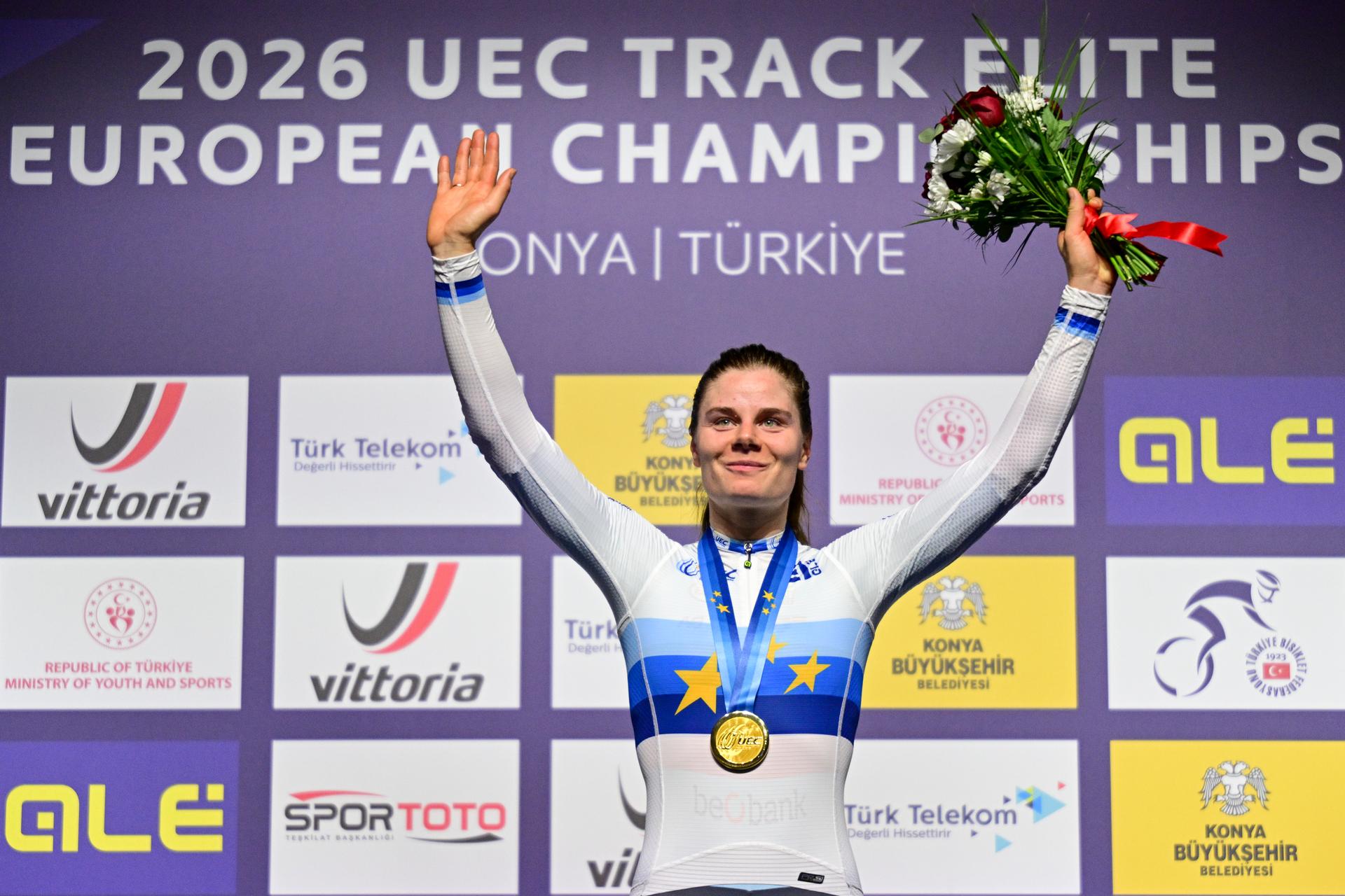 Belgian Lotte Kopecky celebrates after winning the women's Points Race final at day 4 of the 2026 UEC Track Elite European Championships, in Konya, Turkey, Wednesday 04 February 2026. The European Championships take place from 01 to 05 February 2026. BELGA PHOTO DIRK WAEM