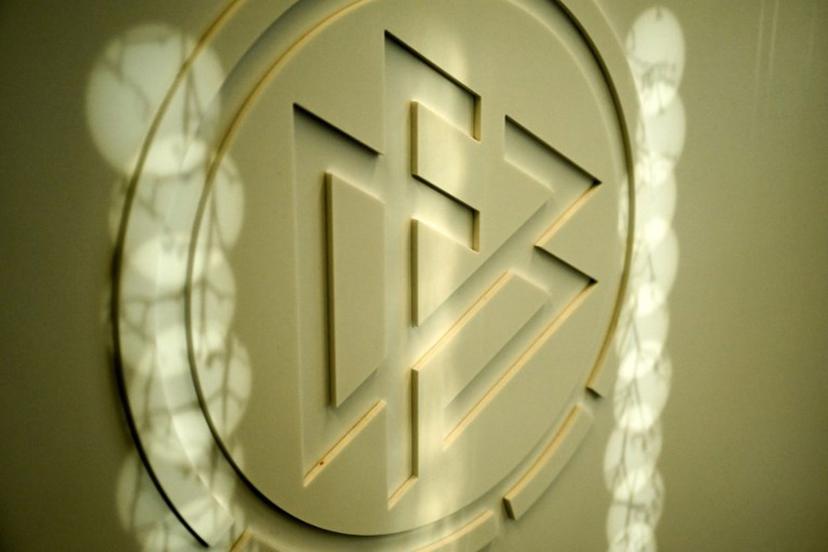 The logo of the German Football Association (DFB) is pictured on the sidelines of a training session of the German national football team on November 15, 2023 in Frankfurt am Main, western Germany, in preparation of the team's international friendly football match Germany v Turkey to take place on November 18, 2023.  Kirill KUDRYAVTSEV / AFP