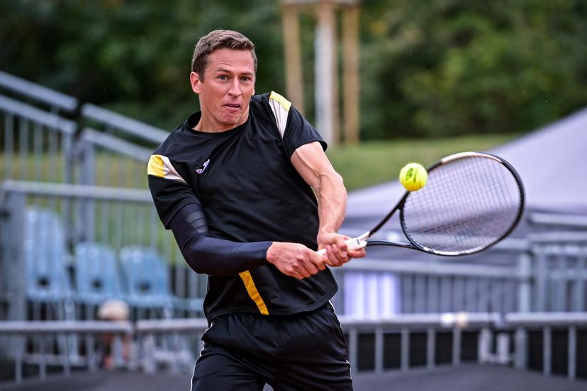 Belgian Kimmer Coppejans is pictured in action during a training practice at the 'WAC Wiener Athletic Club' stadium, in preparation of the Davis Cup quelifiers between Belgium and Austria, in Vienna, on Thursday 17 September 2026.  BELGA PHOTO DAVID PINTENS