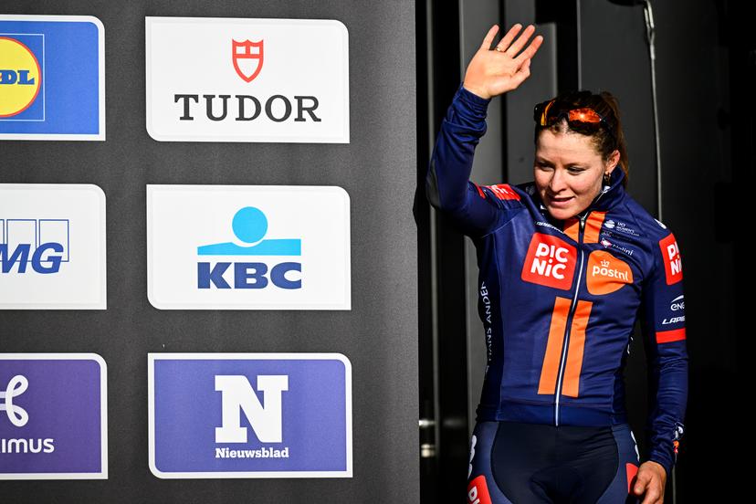 Dutch Charlotte Kool of Team Picnic PostNL pictured on the podium after the women elite 'Gent-Wevelgem - In Flanders Fields' one day cycling race, 169.1 km from Ieper to Wevelgem, Sunday 30 March 2025. BELGA PHOTO JASPER JACOBS