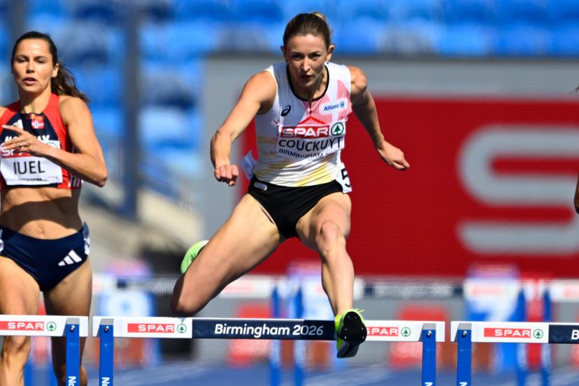 Belgian Paulien Couckuyt pictured  in action during the semifinals of the Women 400m Hurdles race, on the second day of the European Athletics Championships (August 10-18) in Birmingham, United Kingdom, on Tuesday 11 August 2026. BELGA PHOTO ERIC LALMAND