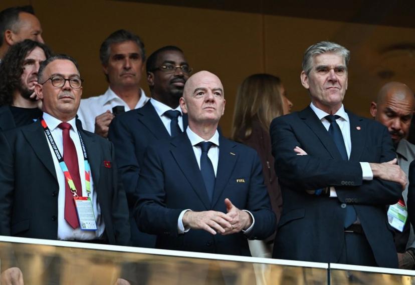 (From L) FIFA President Gianni Infantino, President of the Royal Moroccan Football Federation Fouzi Lekjaa and President of the Dutch Football Association (KNVB) Frank Paauw attend the 2026 World Cup round of 32 football match between the Netherlands and Morocco at the Monterrey Stadium in Guadalupe on June 29, 2026.   CARL DE SOUZA / AFP