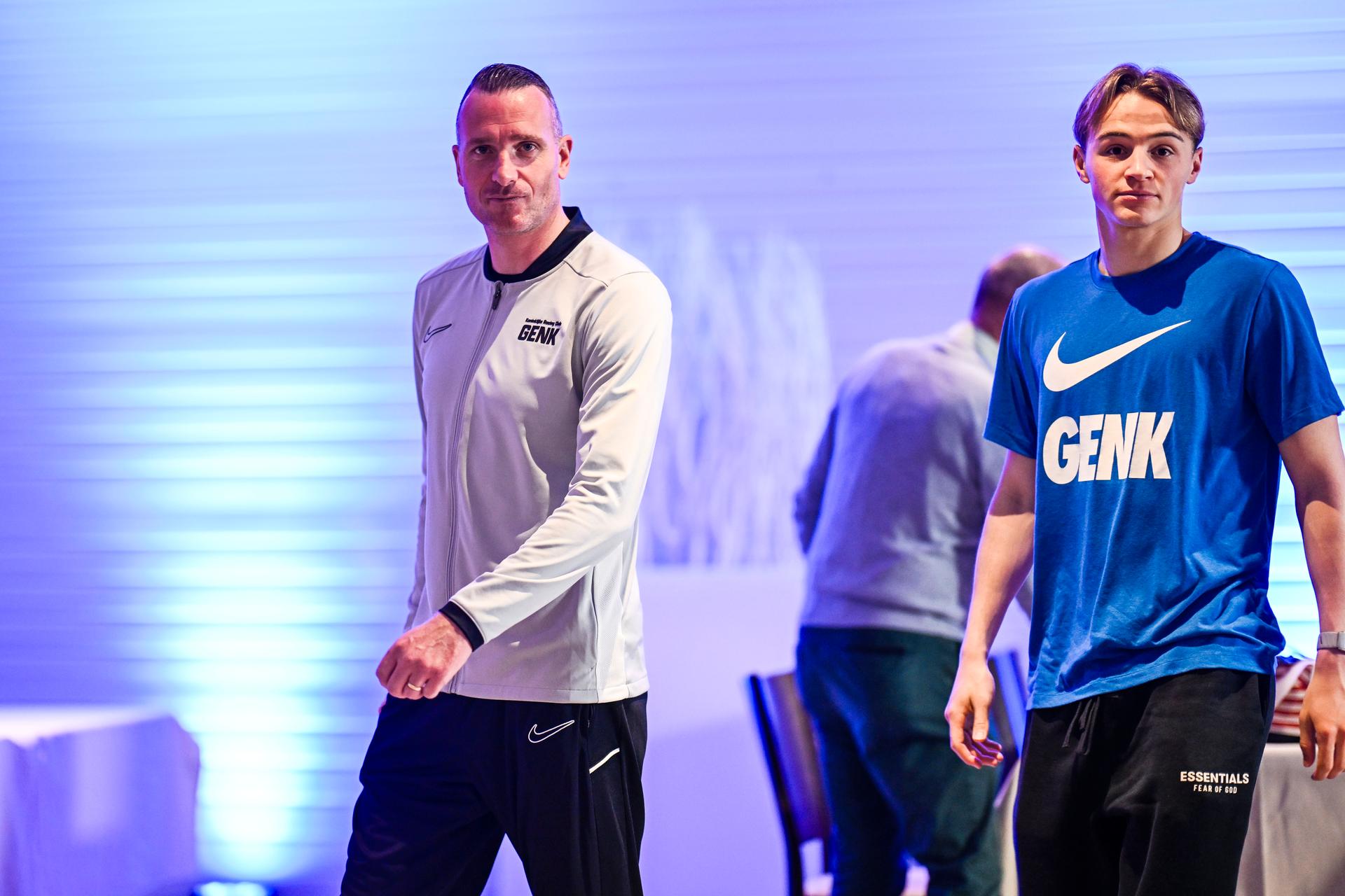 Genk's head coach Nicky Hayen and Genk's Matte Smets pictured after a press conference of Belgian soccer team KRC Genk, Wednesday 11 March 2026 in Genk. The team is preparing for tomorrow's match against German Freiburg, the first leg of the 1/16 Finals of the UEFA Europa League tournament. BELGA PHOTO TOM GOYVAERTS