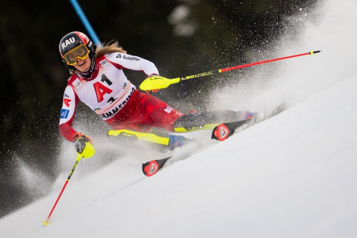 Austria's Katharina Liensberger competes during the first run of the women's slalom event of the FIS Alpine Ski World Cup in Semmering, Austria on December 28, 2025.  GEORG HOCHMUTH / APA / AFP
