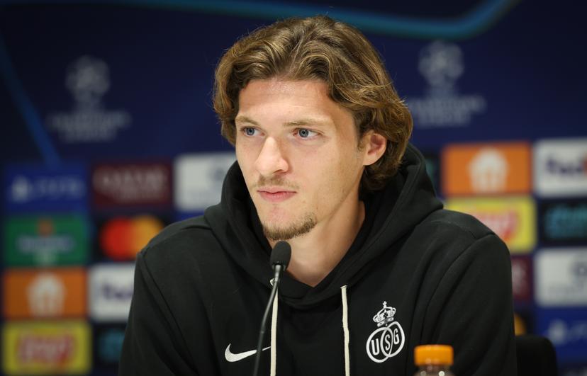 Union's Fedde Leysen pictured during a press conference of Belgian soccer team Royale Union Saint-Gilloise in Eindhoven, The Netherlands, on Monday 15 September 2025. The team prepares for tomorrow's match against Dutch team PSV Eindhoven, on the opening day of the League phase of the UEFA Champions League tournament. BELGA PHOTO VIRGINIE LEFOUR