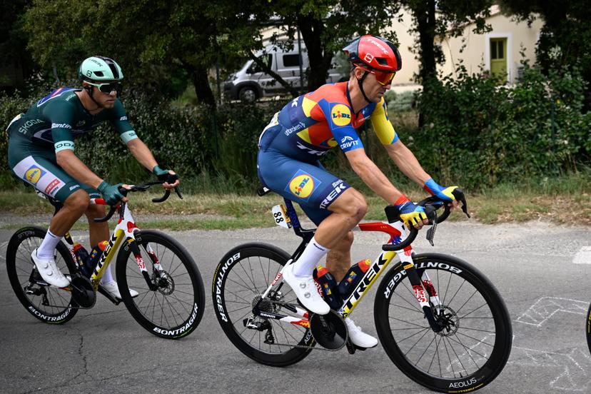 Italian Jonathan Milan of Lidl-Trek and Belgian Edward Theuns of Lidl-Trek pictured in action during stage 17 of the 2025 Tour de France cycling race, from Bollene to Valence (161km), on Wednesday 23 July 2025 in France. The 112th edition of the Tour de France starts on Saturday 5 July in Lille, France, and will finish in Paris, France on the 27th of July.   BELGA PHOTO JASPER JACOBS