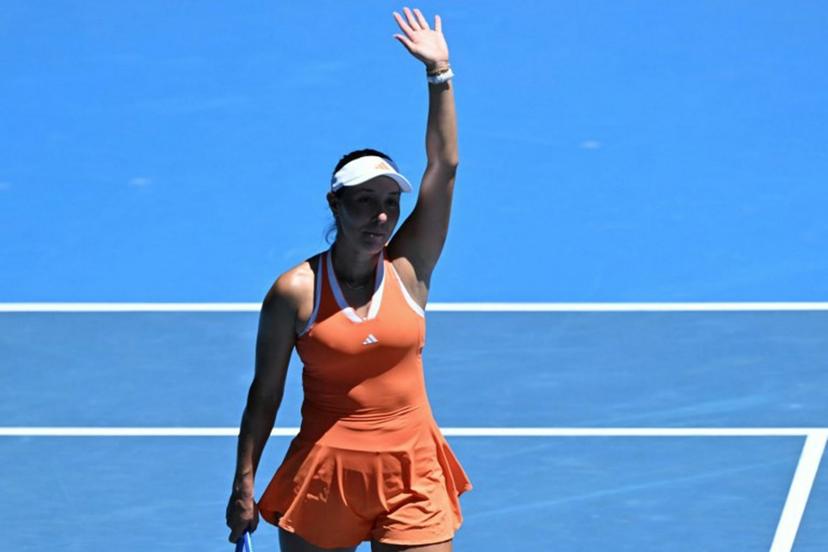 USA's Jessica Pegula celebrates victory against USA's Madison Keys in their women's singles match on day nine of the Australian Open tennis tournament in Melbourne on January 26, 2026.  WILLIAM WEST / AFP