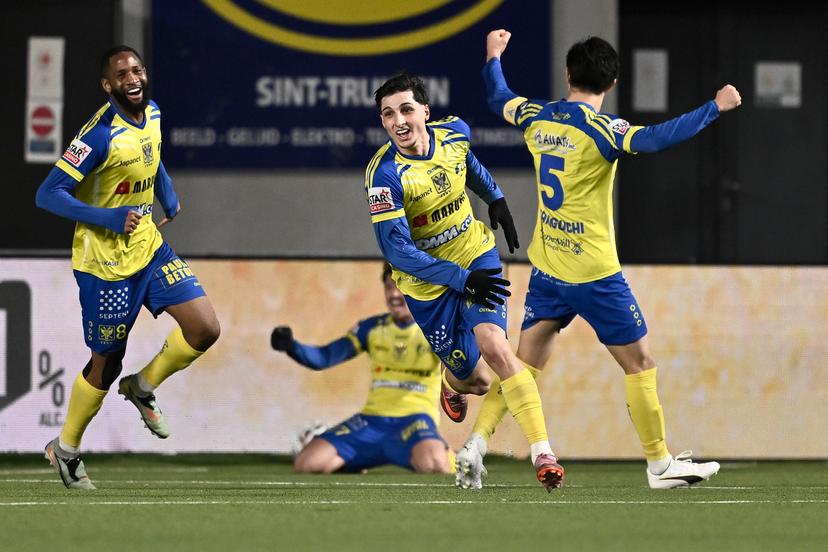 STVV's Andres Ferrari celebrates after scoring during a soccer match between Sint-Truidense V.V. and Club Brugge, Saturday 06 December 2025 in Sint-Truiden, on day 17 of the 2025-2026 'Jupiler Pro League' first division of the Belgian championship. BELGA PHOTO JOHAN EYCKENS